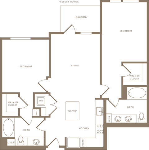 Floor plan for 2 beds, 2 baths, 1077 sqft